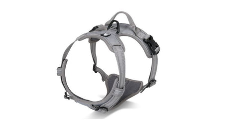 XL Deluxe Mesh Grey Dog Harness, breathable with reflective material for comfort, safety, style, and control in outdoor adventures.