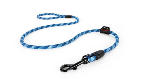 Durable 120cm blue dog leash made from climbing rope with reflective strands and carbon-coated snap clip for safety and control.