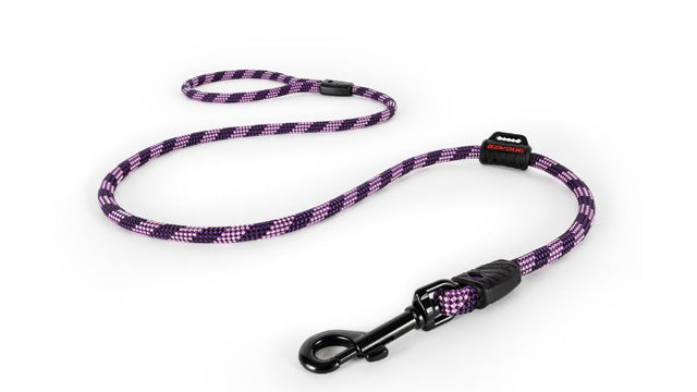 Durable purple 9mm dog leash, 120cm long, made of climbing rope with reflective strands and silicon waste bag holder.