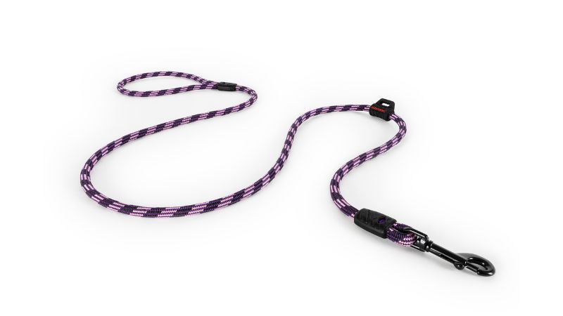 Lightweight purple dog leash made from natural climbing rope, 120cm long with reflective strands and carbon-coated snap clip.