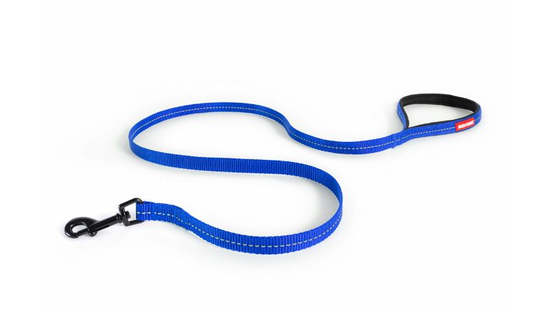 Lite Blue dog leash for small dogs, 120cm long, with soft touch nylon, neoprene grip, reflective stitching, and secure snap clip.