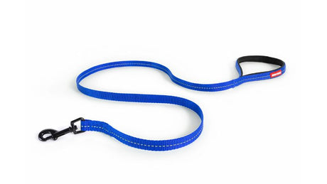 Lite Blue dog leash for small dogs, 120cm long, with soft touch nylon, neoprene grip, reflective stitching, and secure snap clip.