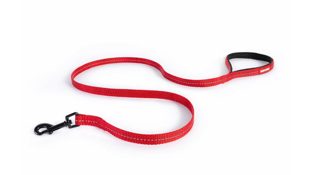 Lite Red 120cm dog leash for small dogs, featuring a comfort handle, durable nylon, reflective stitching, and secure snap clip.