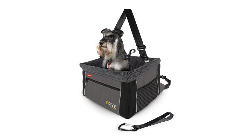 Dog car booster seat in charcoal, elevating pets for a clear road view, with safety features and padded comfort.