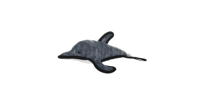 Durable Tuffy Ocean Creature Dolphin dog toy in blue, perfect for tugging, fetching, and water play; machine washable and safe.