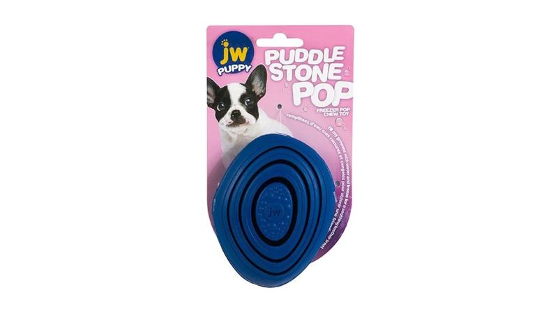 JW Puddle Stone Pop Puppy Teether with icy grooves for teething relief and treat-filled playtime. Durable and safe design.