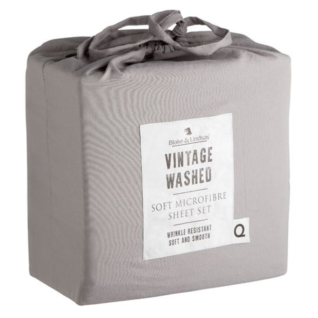 Washed microfibre single sheet set in pewter, includes flat and fitted sheets plus pillowcase, wrinkle-resistant and soft.
