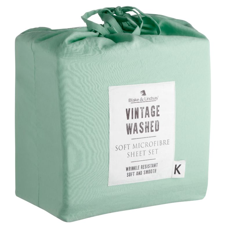 Queen Sheet Set in Washed Microfibre Sea Mist by BLAKE & LINDSAY, featuring softness, wrinkle-resistance, and a chic design.