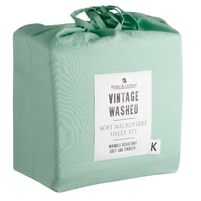 Queen Sheet Set in Washed Microfibre Sea Mist by BLAKE & LINDSAY, featuring softness, wrinkle-resistance, and a chic design.