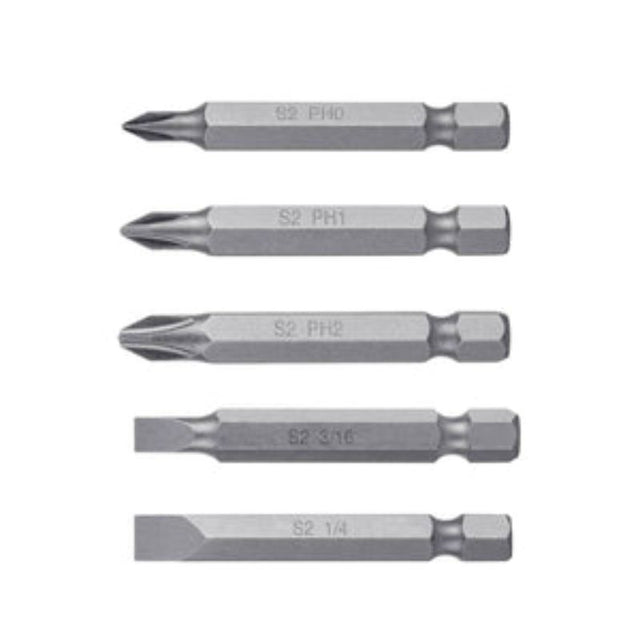 5-piece 50mm screwdriver bit set, made of durable S2 steel, includes Phillips and slotted bits in a compact case.