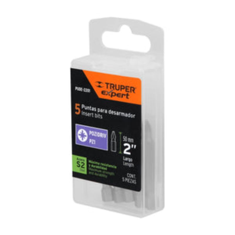 Five 50mm Pozi #1 screwdriver bits from Truper, made of durable S2 steel, packaged in a reusable case for easy storage.