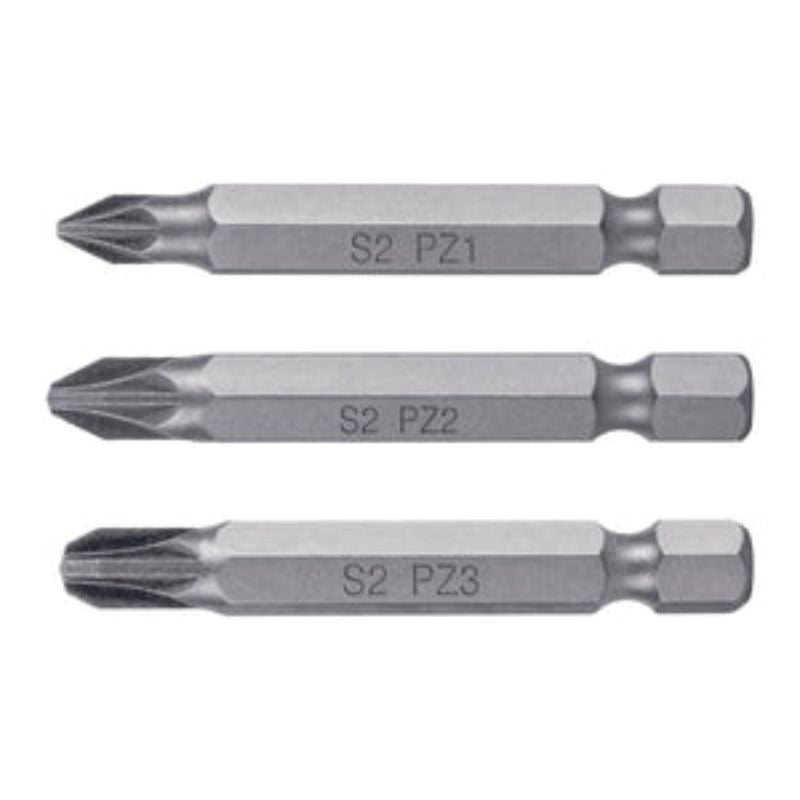 Five-piece Pozi screwdriver bits set, 50mm, made from durable S2 steel, includes #1, #2, #3 bits in reusable case.