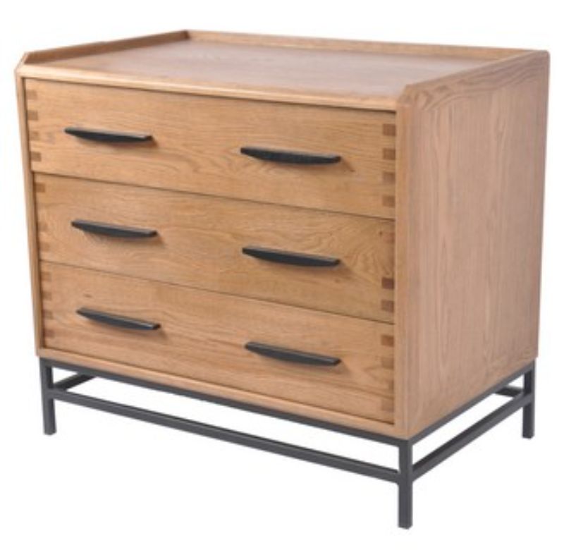 Stylish 3-drawer oak and metal chest with natural finish and black handles, ideal for modern storage solutions.