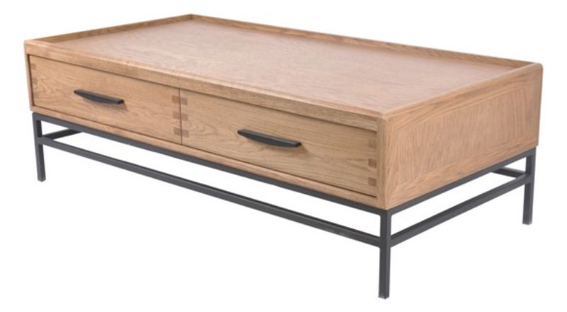 Stylish oak coffee table with 4 metal-handled drawers, combining modern design and practical storage solutions.