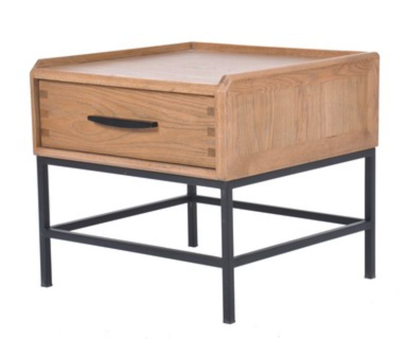 Stylish oak and metal side table with a drawer, 61cm high, perfect for bedside or living room use.