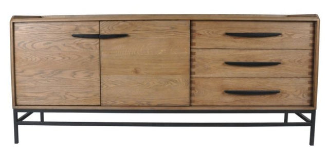 Modern oak and metal buffet with 3 drawers and 2 doors, featuring a natural finish and sleek black handles.