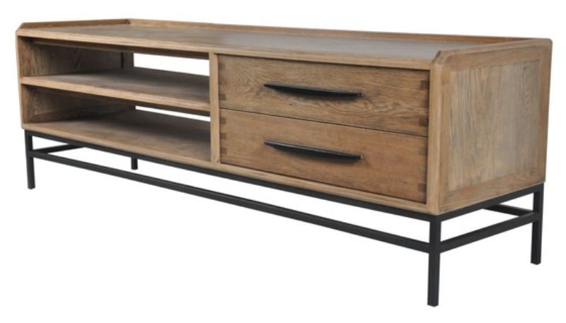 Modern oak and metal entertainment unit (1.8m) with two drawers for stylish media storage and support for TV and decor.