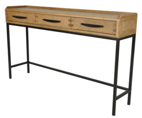 Elegant oak hall table with black metal accents, featuring three drawers for storage and a sleek design, perfect for entryways.