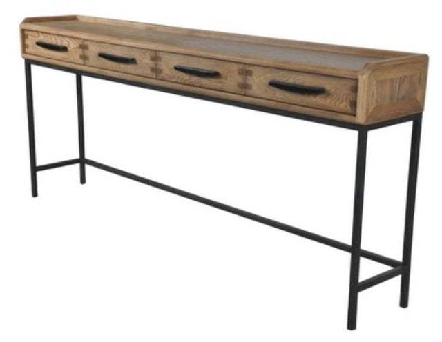 Modern oak and metal hall table with four drawers, perfect for stylish entryway organization.