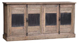 Reclaimed oak buffet with four doors, zinc panels, and stylish lock handles, perfect for storage and home decor.