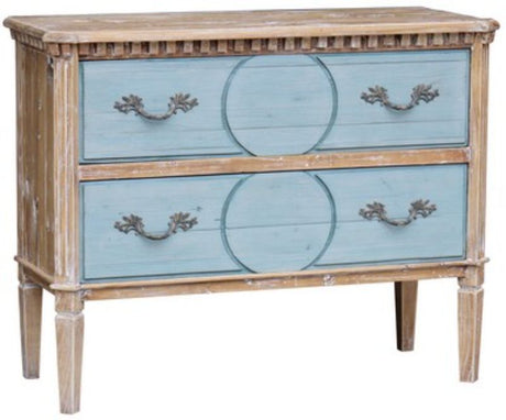 Seasalt blue 2 drawers chest in old pine, combining rustic charm with ample storage and elegant metal handles.