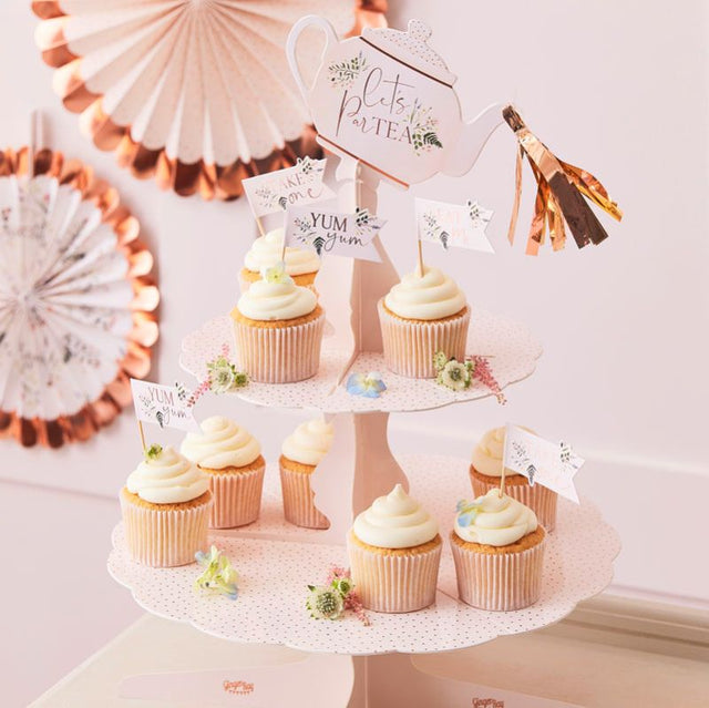 Floral two-tier cake stand, 36cm high, perfect for showcasing sweet treats at tea parties and celebrations.