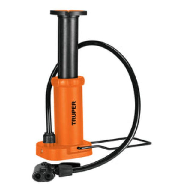 Durable 60PSI foot pump with dual head for multiple valve types, portable design, and non-slip pedal for stability.