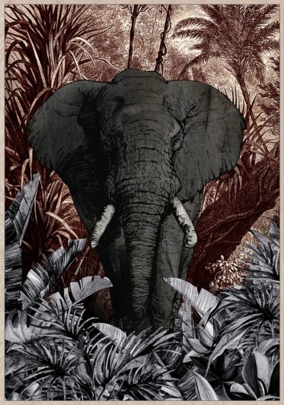 Framed canvas art "Tusk" featuring a majestic elephant in lush greenery, perfect for enhancing any interior space.