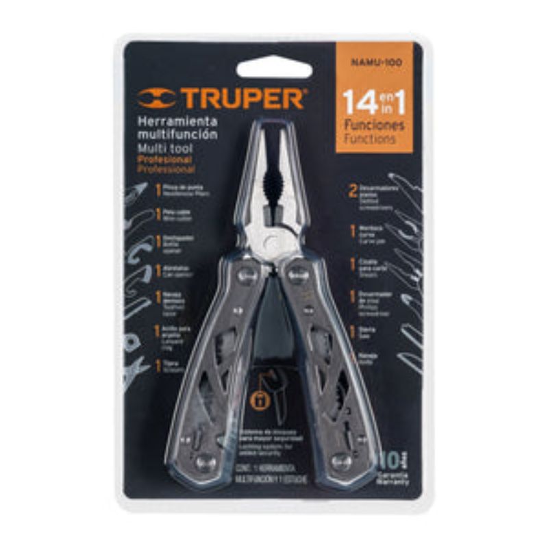 Multi-Tool 14-Function 17113 Truper with stainless steel design, features pliers, screwdrivers, knives, and case for portability.