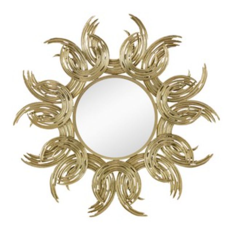 Gold sunburst mirror (95cm) with layered metal accents around a reflective surface, perfect for enhancing contemporary decor.