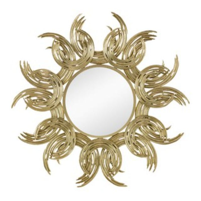 Gold sunburst mirror (95cm) with layered metal accents around a reflective surface, perfect for enhancing contemporary decor.