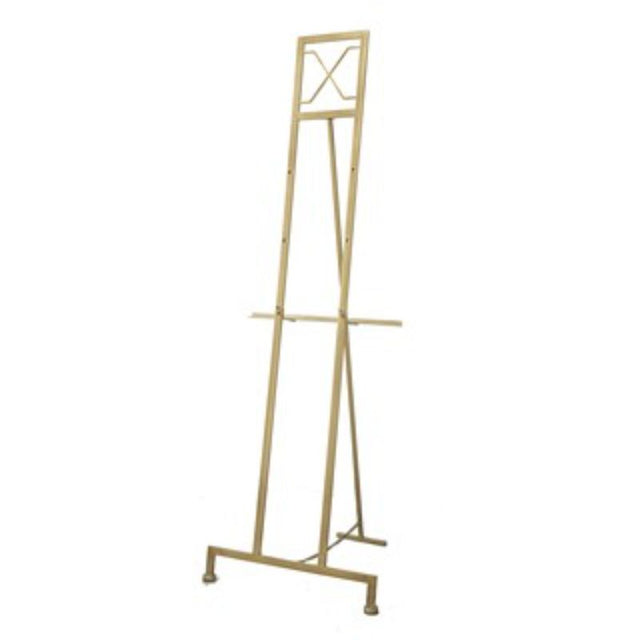 Stylish gold floor easel standing 1.77m tall, perfect for displaying large artwork in homes or galleries.
