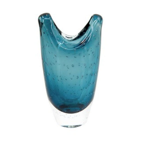 Artisan-crafted blue glass vase with a curving lip edge, featuring suspended bubbles, 26.5cm tall, perfect for decor and floral displays.