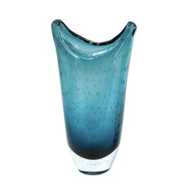 Elegant 35cm blue glass vase with unique suspended bubbles and curved lip, ideal for flowers or as a standalone decor piece.