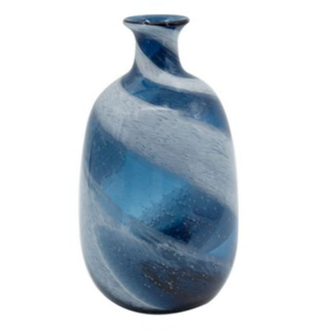 Artisan-made 40cm blue glass vase with white swirls, perfect for fresh flowers or as a striking decor piece.