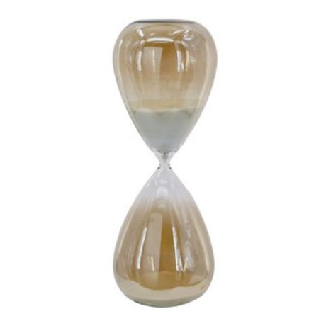 Elegant hourglass with grey luster finish, featuring white sand, perfect for stylish decor and mindfulness at 36.5cm tall.