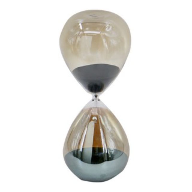 Elegant hourglass with grey luster finish, 45 cm tall, featuring black sand for a stylish timer and home decor piece.