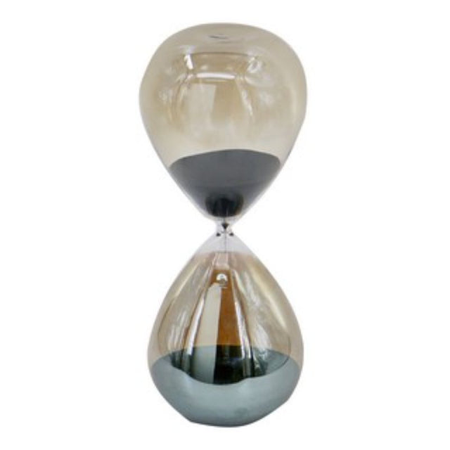 Elegant hourglass with grey luster finish, 45 cm tall, featuring black sand for a stylish timer and home decor piece.