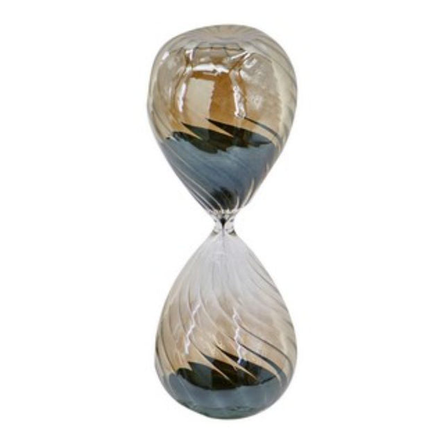 Sleek hourglass with grey luster finish, featuring black sand that flows for 60 minutes, adding elegance to any decor.