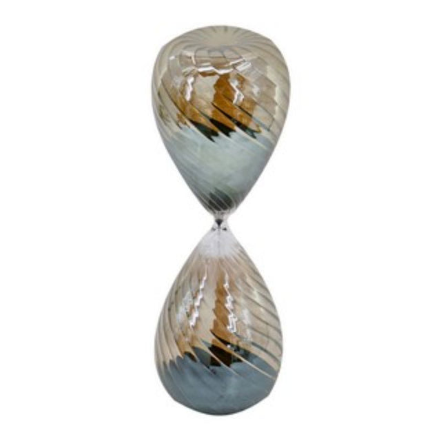 Elegant hourglass with a grey luster finish, featuring black sand, perfect for home decor and mindfulness, 43cm tall.