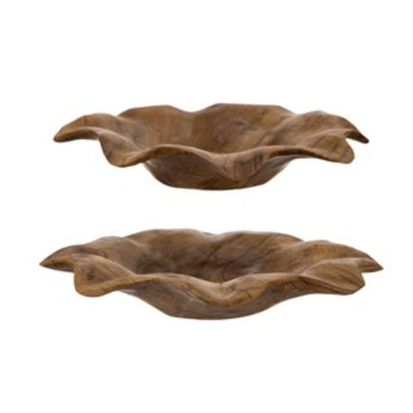 Set of two 30cm teak platters, showcasing unique wood grain, perfect for serving or as elegant decor pieces.