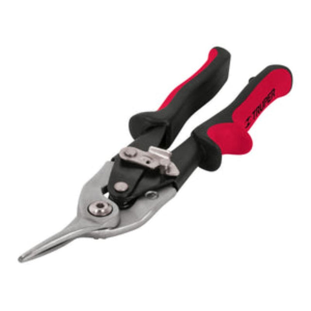 Left-hand aviation snips with forged chrome molybdenum steel blades, ergonomic red handles, and nickel-plated corrosion resistance.