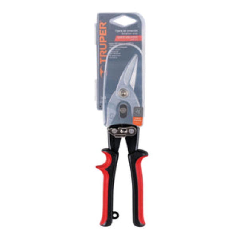 Aviation snips with red ergonomic handles, forged steel blades for precision left-hand cutting of various metals.