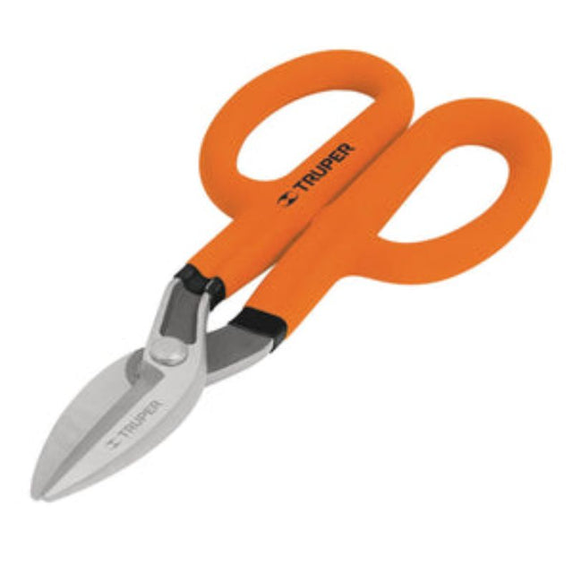 High-quality Truper tin snips with carbon steel blades, padded handles for comfort, and rust-resistant satin finish.