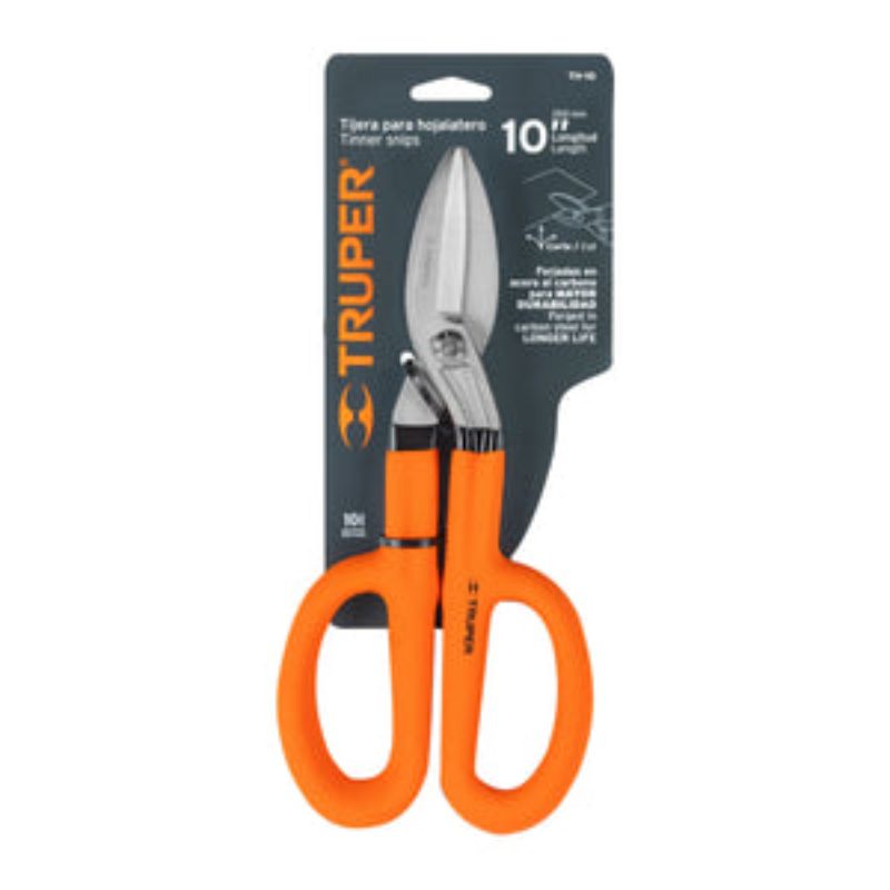 Ergonomic Truper tin snips with carbon steel blades and satin finish, designed for precise metal cutting tasks.