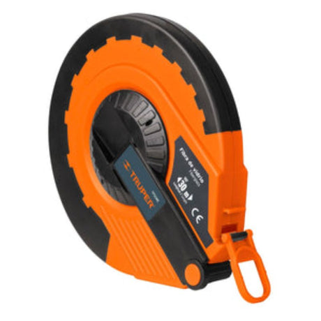 Fiberglass tape measure with 30m length and 14.5mm blade, featuring impact-resistant TPR case and removable handle.