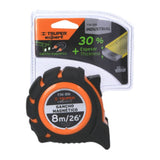 Durable Truper 8M tape measure with 25mm magnetic tip, double-sided tape, and large easy-to-read numbers for precise measurements.