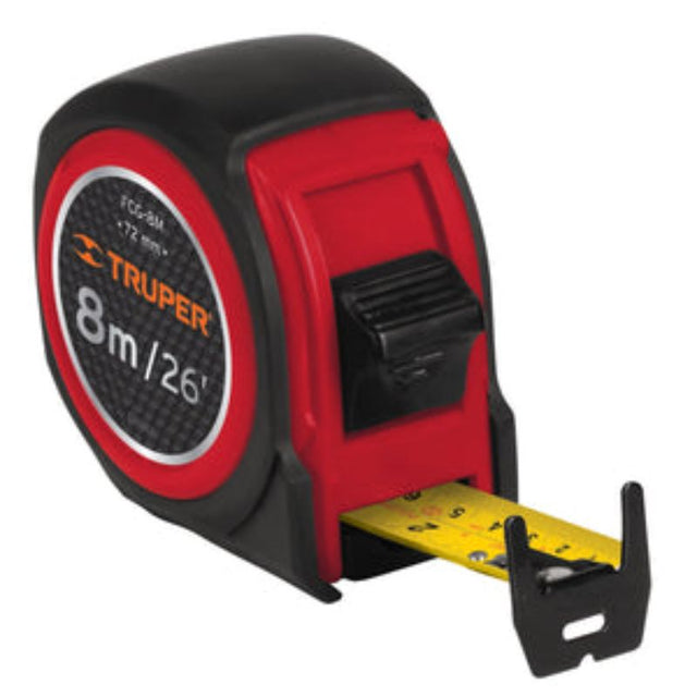 Compact 8m tape measure with durable ABS shell, easy-to-read numbers, double hook for versatile measuring.