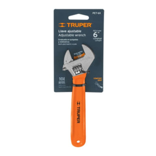 Adjustable wrench with a chrome finish, 25mm jaw opening, and ergonomic handles for comfort and durability.