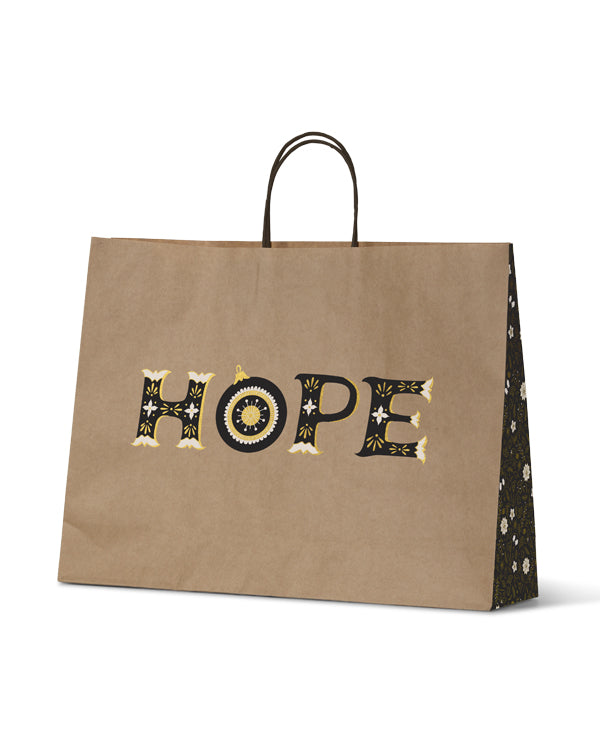 Festive kraft gift bags with Christmas design, eco-friendly, sturdy, and perfect for holiday gifting (100 units).